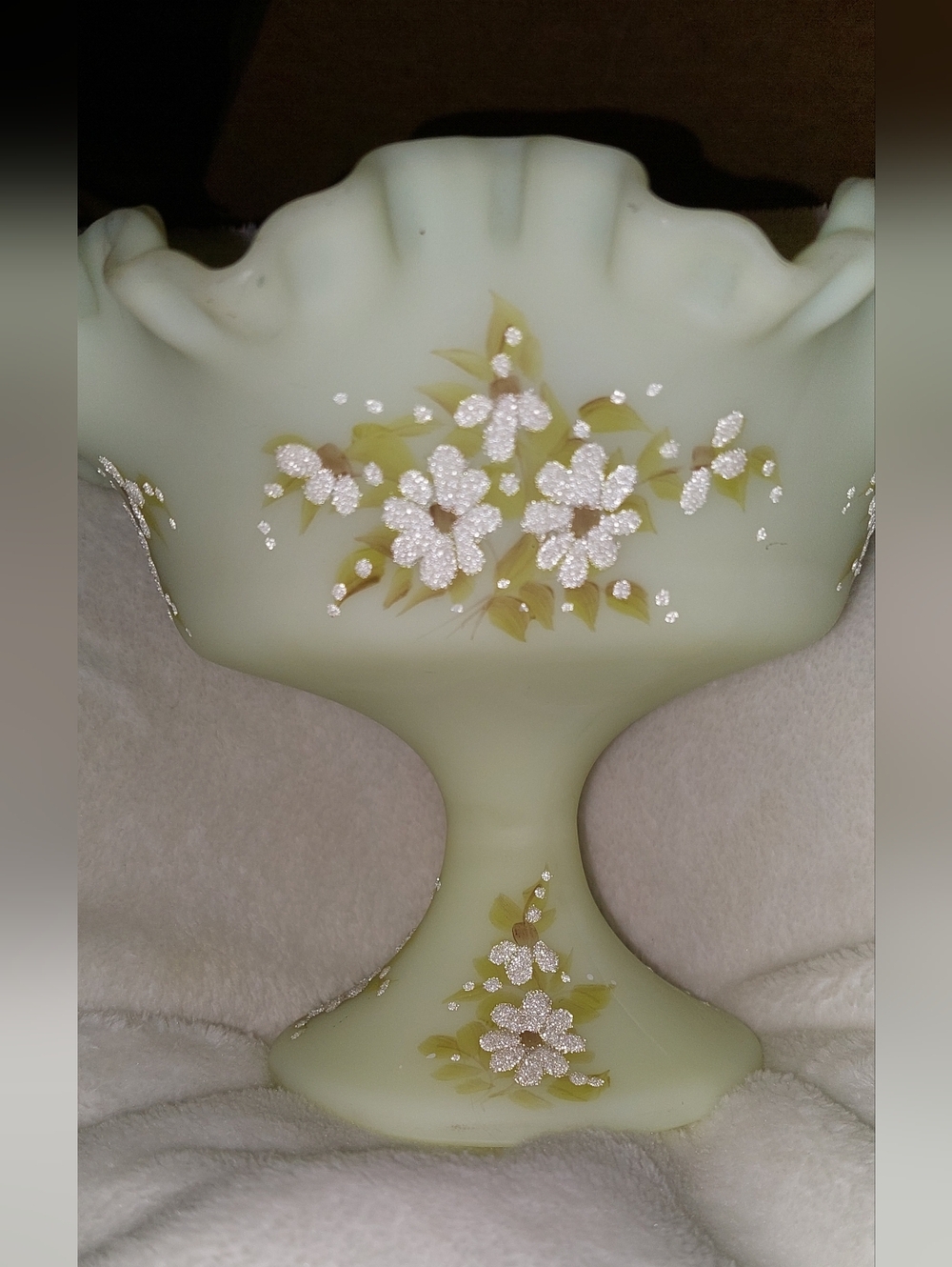 This item is a vintage, hand-painted Fenton satin custard glass compote or candy